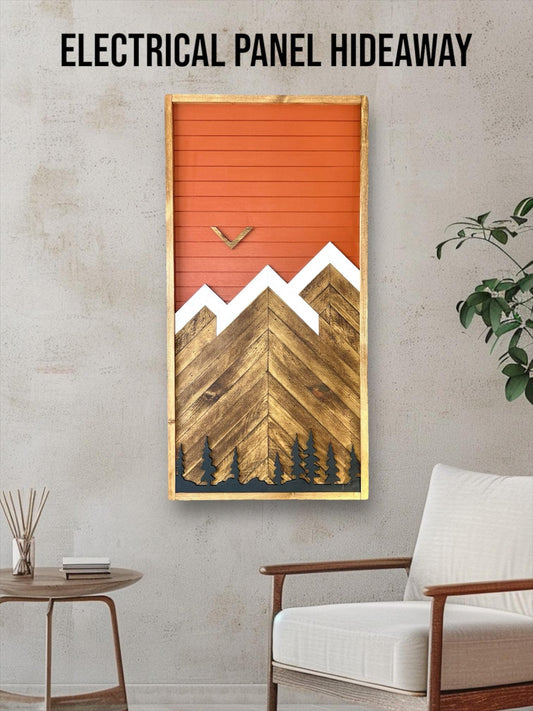 Rustic Electrical Panel Cover - Tuscan Orange Mountain with trees - Custom Sizes Available -Breaker Box Panel Cover - Wall Decor -Modern art