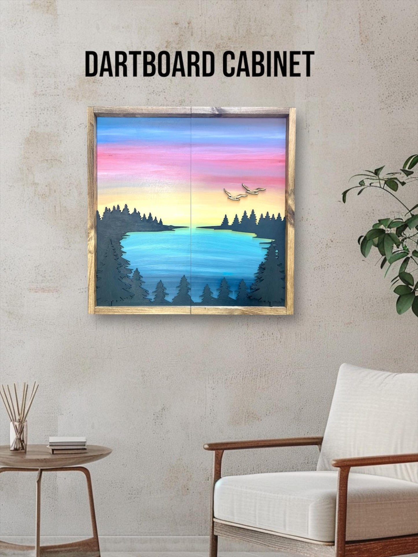 Rustic Dartboard Cabinet - Rustic Lake scene w/ Trees Art - Rustic Cabinet - Game Room/Man Cave Art - Wall Decor - Cabinet -Electronic Darts