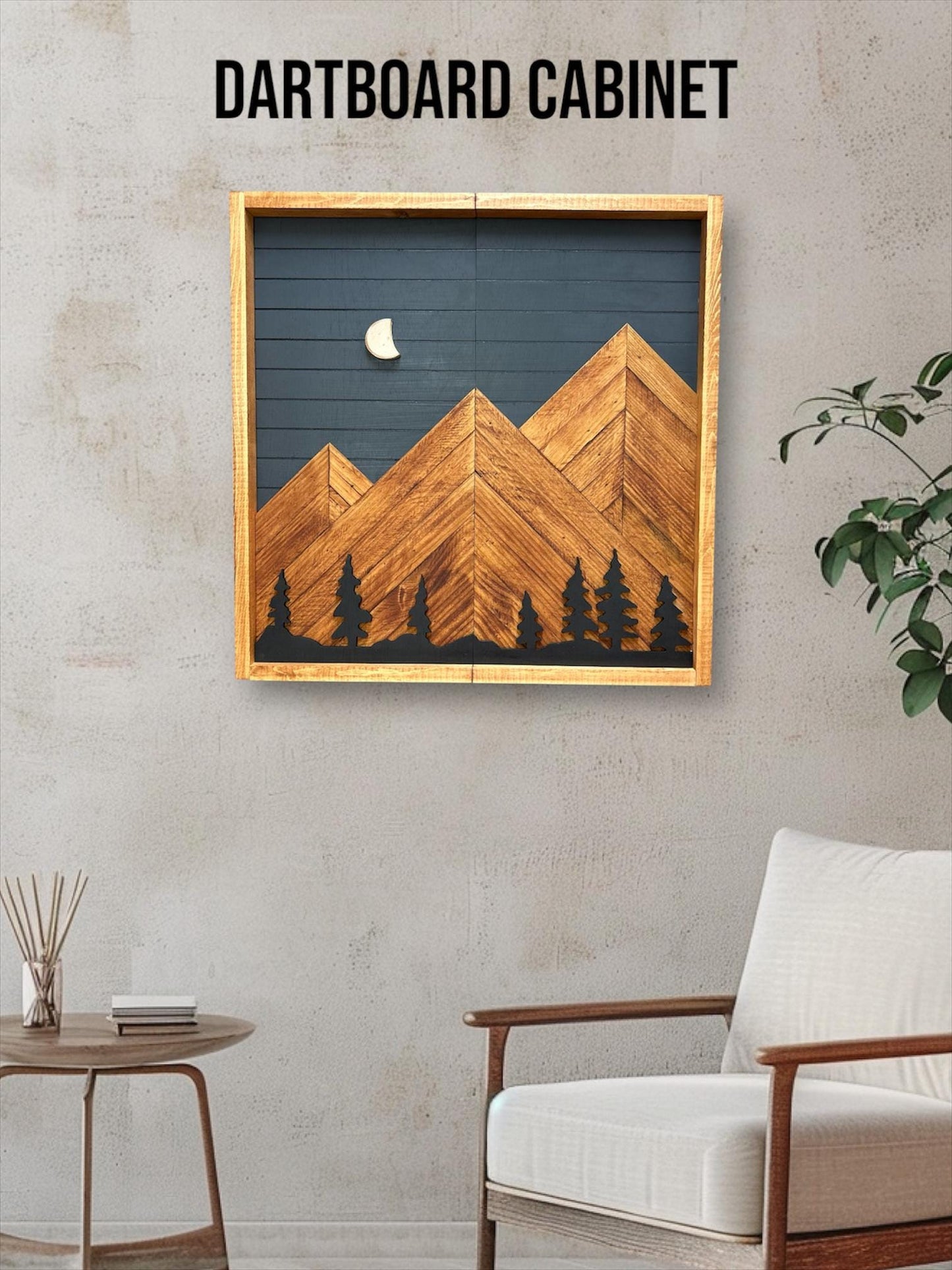 Rustic Dartboard Cabinet - Dark Navy Sky w/ Trees Mountain Art  24”x24” - Rustic Cabinet - Game Room/Man Cave Art - Wall Decor - Cabinet