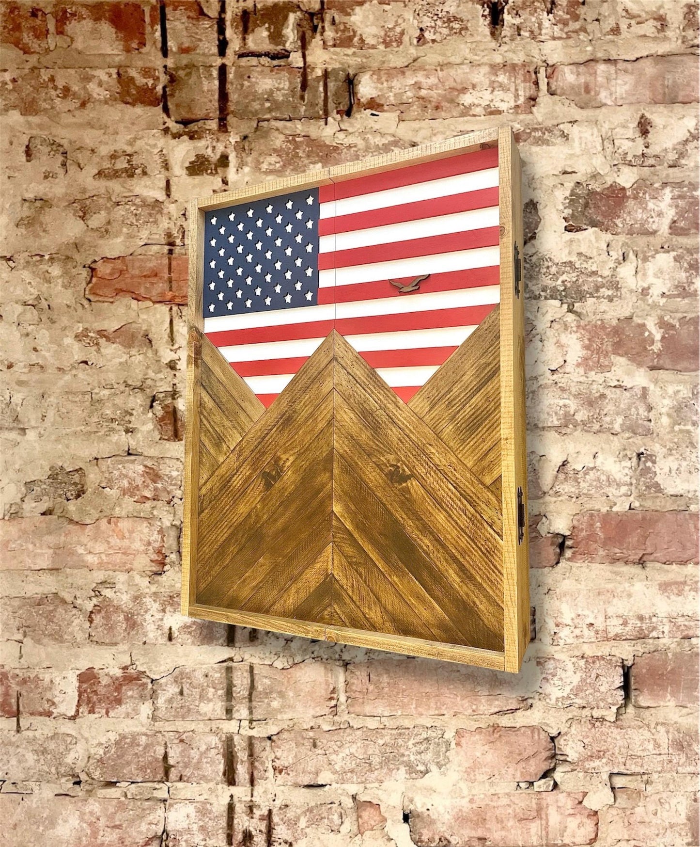 Electronic Dartboard Cabinet - America Flag w/ Mountains - USA Flag- Rustic Cabinet - 33” x 26” - Game Room / Man Cave Art - Flag Decor
