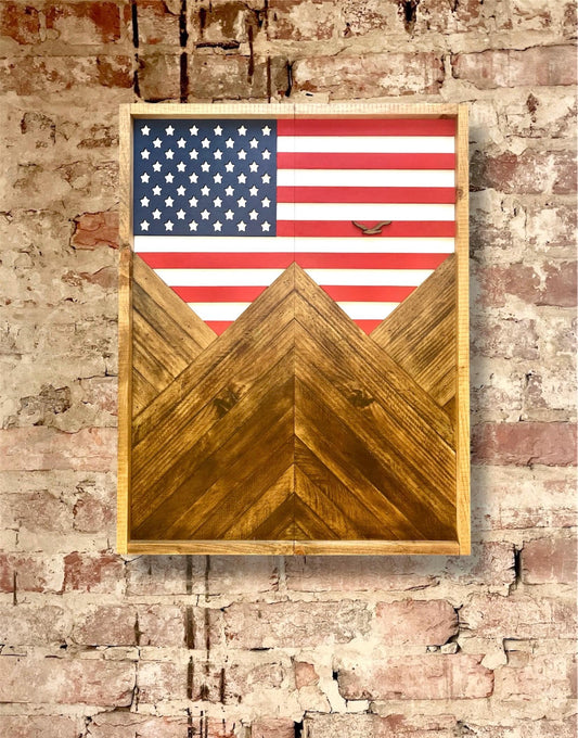 Electronic Dartboard Cabinet - America Flag w/ Mountains - USA Flag- Rustic Cabinet - 33” x 26” - Game Room / Man Cave Art - Flag Decor