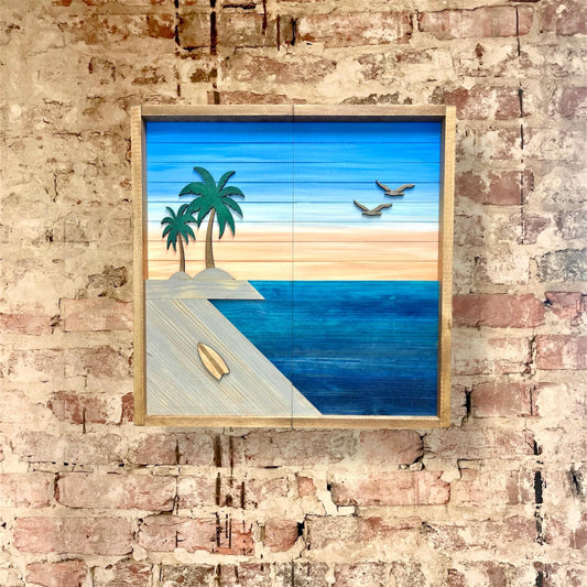 Rustic Dartboard Cabinet 24”x24” - Rustic Beach Front-Rustic Cabinet - Gameroom Art - Wall Decor - Rustic Artwork- Beach Art