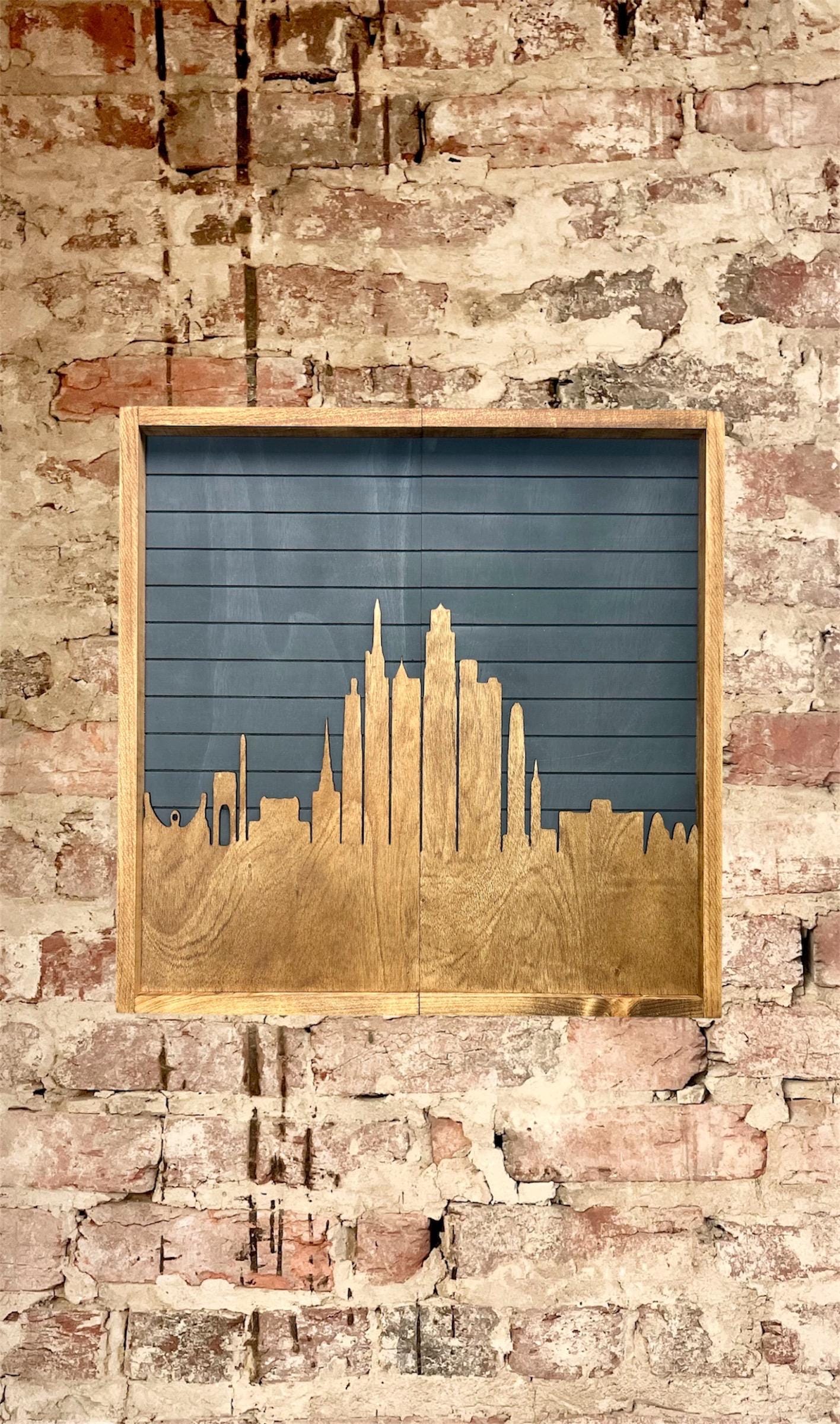 Rustic Carbon City Skyline Electronic Dartboard Cabinet - Cityscape-  33”x26” - -Rustic Cabinet - Game Room / Man Cave Art