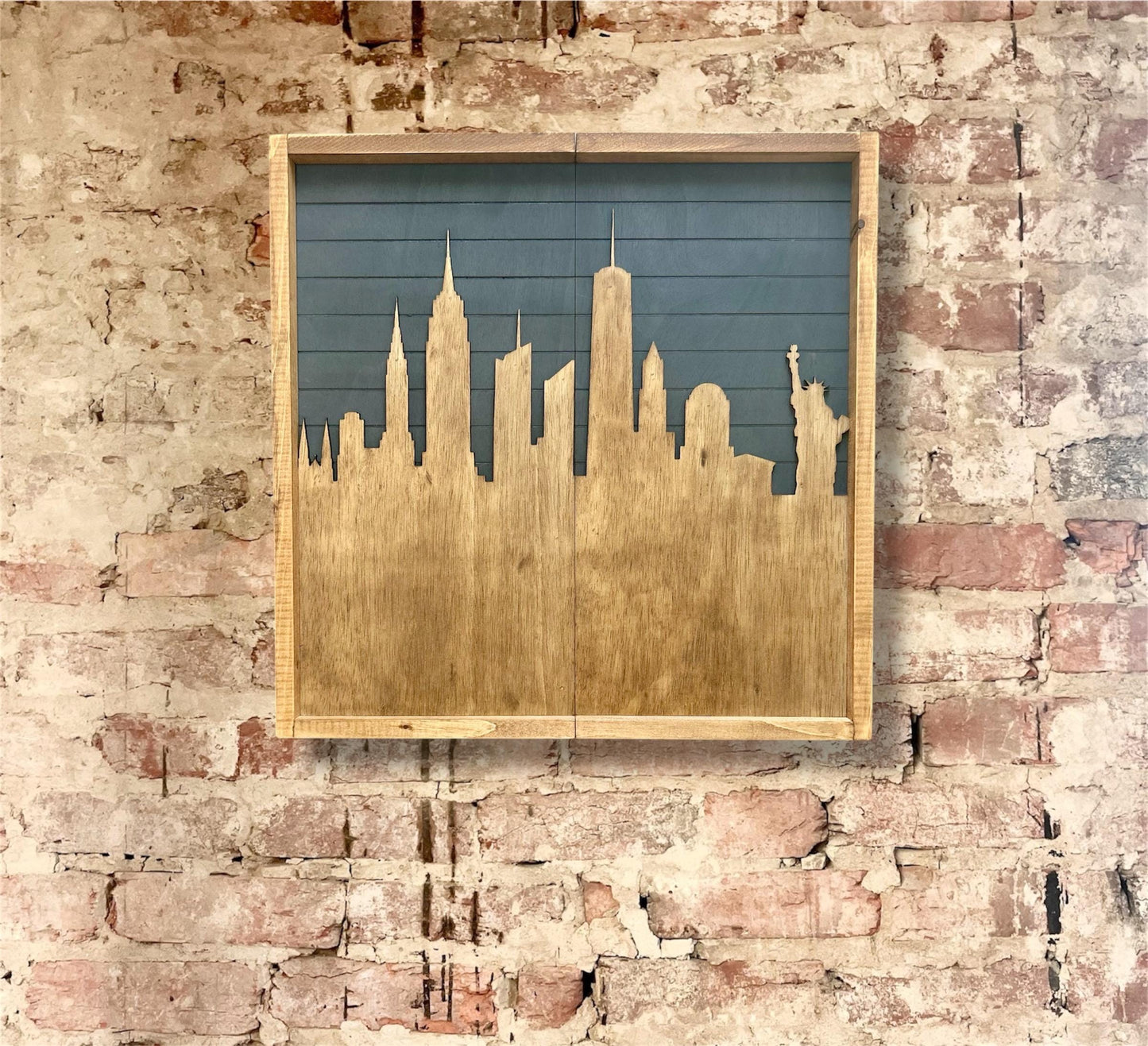 Rustic Carbon City Skyline Electronic Dartboard Cabinet - Cityscape-  33”x26” - -Rustic Cabinet - Game Room / Man Cave Art