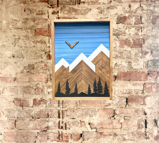 Rustic Cabinet (Single Door) - Multiple Sizes - Blue w/ Trees Mountain Art-Bathroom Cabinet-Medicine Cabinet-Liquor Cabinet - Rustic Cabinet