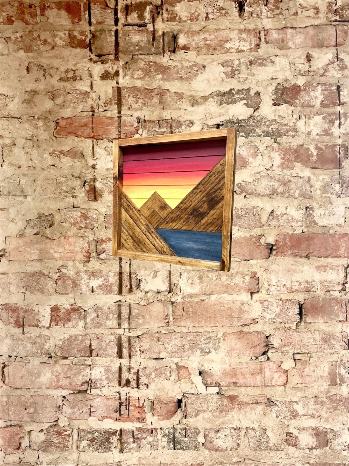 Orange/Maroon Sky Sunrise/Sunset - Rustic Mountain Wood Wall Art  with Water- Multiple sizes available - Wall Decor