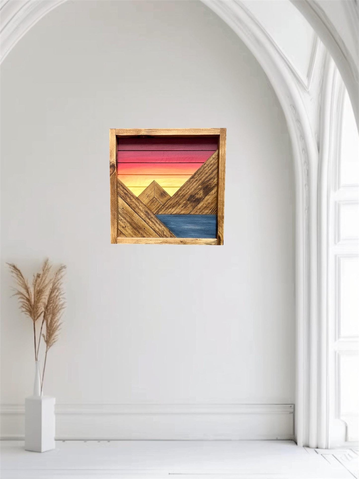 Orange/Maroon Sky Sunrise/Sunset - Rustic Mountain Wood Wall Art  with Water- Multiple sizes available - Wall Decor
