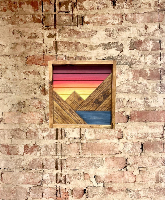 Orange/Maroon Sky Sunrise/Sunset - Rustic Mountain Wood Wall Art with Water- Multiple sizes available - Wall Decor