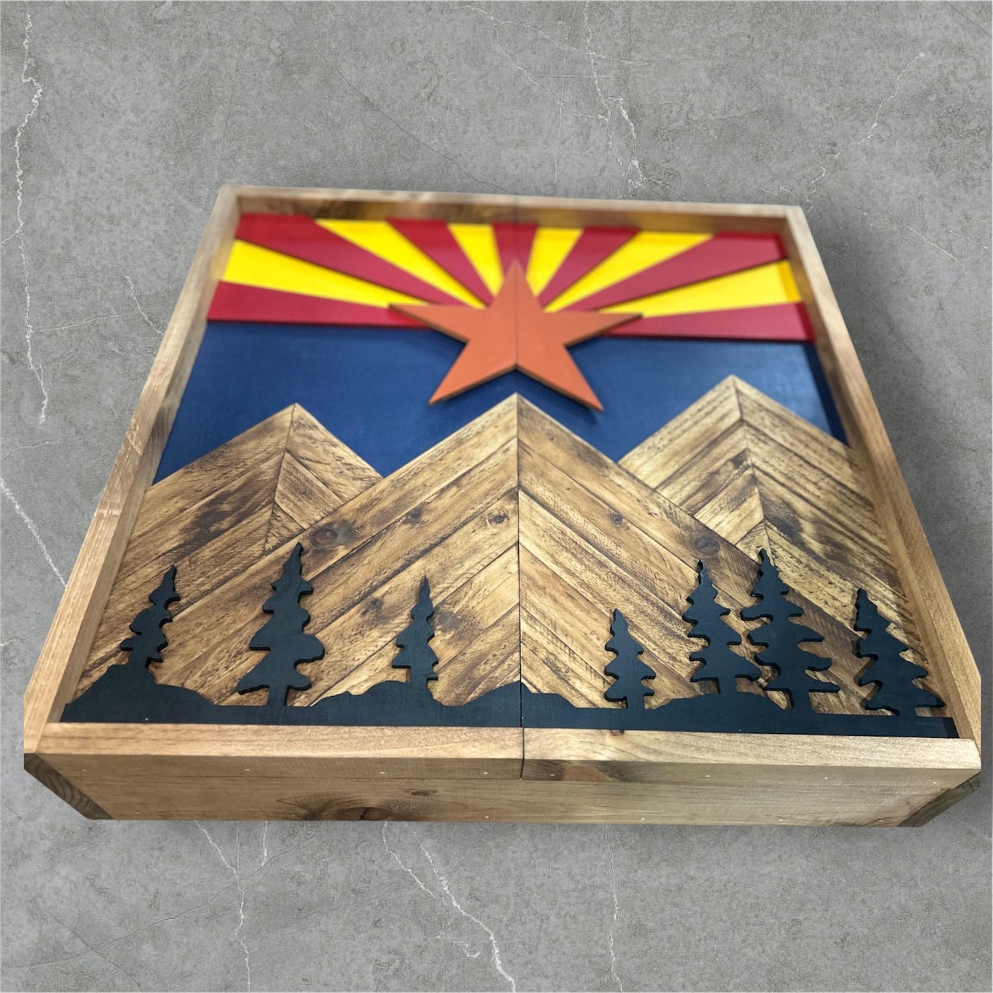 Rustic Dartboard Cabinet - Rustic Arizona Flag w/ trees Mountain Art  24”x24” - Rustic Cabinet - Game Room / Man Cave Art - Wall Decor