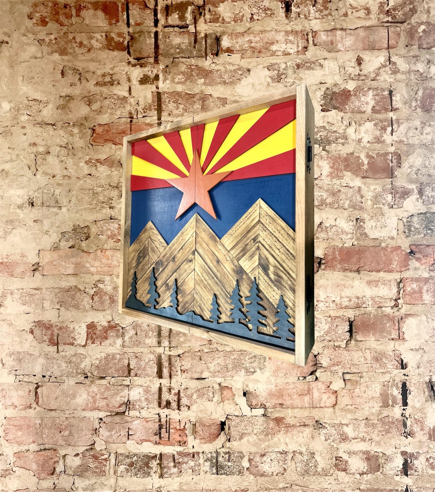Rustic Dartboard Cabinet - Rustic Arizona Flag w/ trees Mountain Art  24”x24” - Rustic Cabinet - Game Room / Man Cave Art - Wall Decor