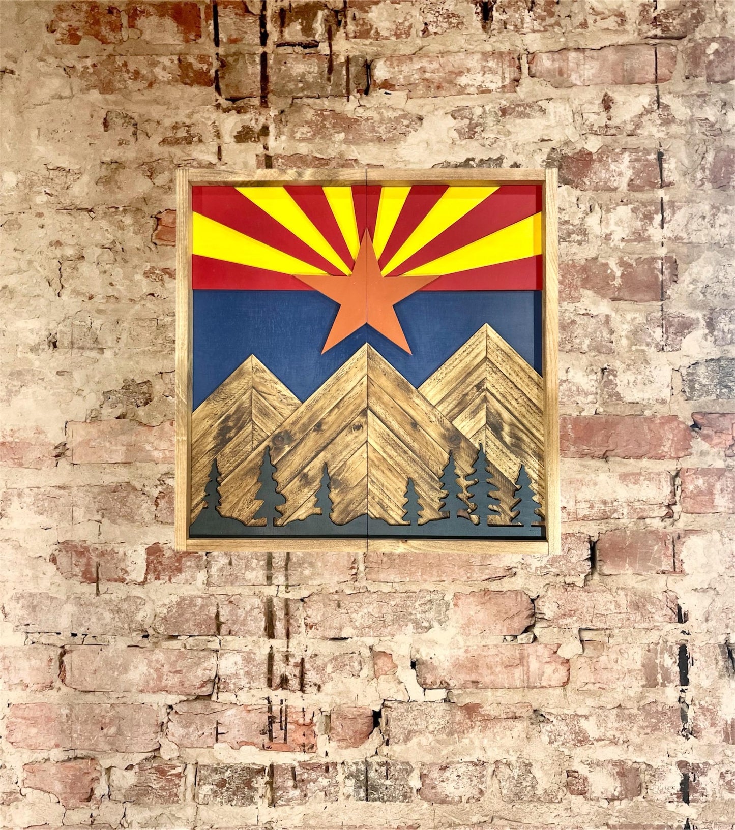 Rustic Dartboard Cabinet - Rustic Arizona Flag w/ trees Mountain Art  24”x24” - Rustic Cabinet - Game Room / Man Cave Art - Wall Decor