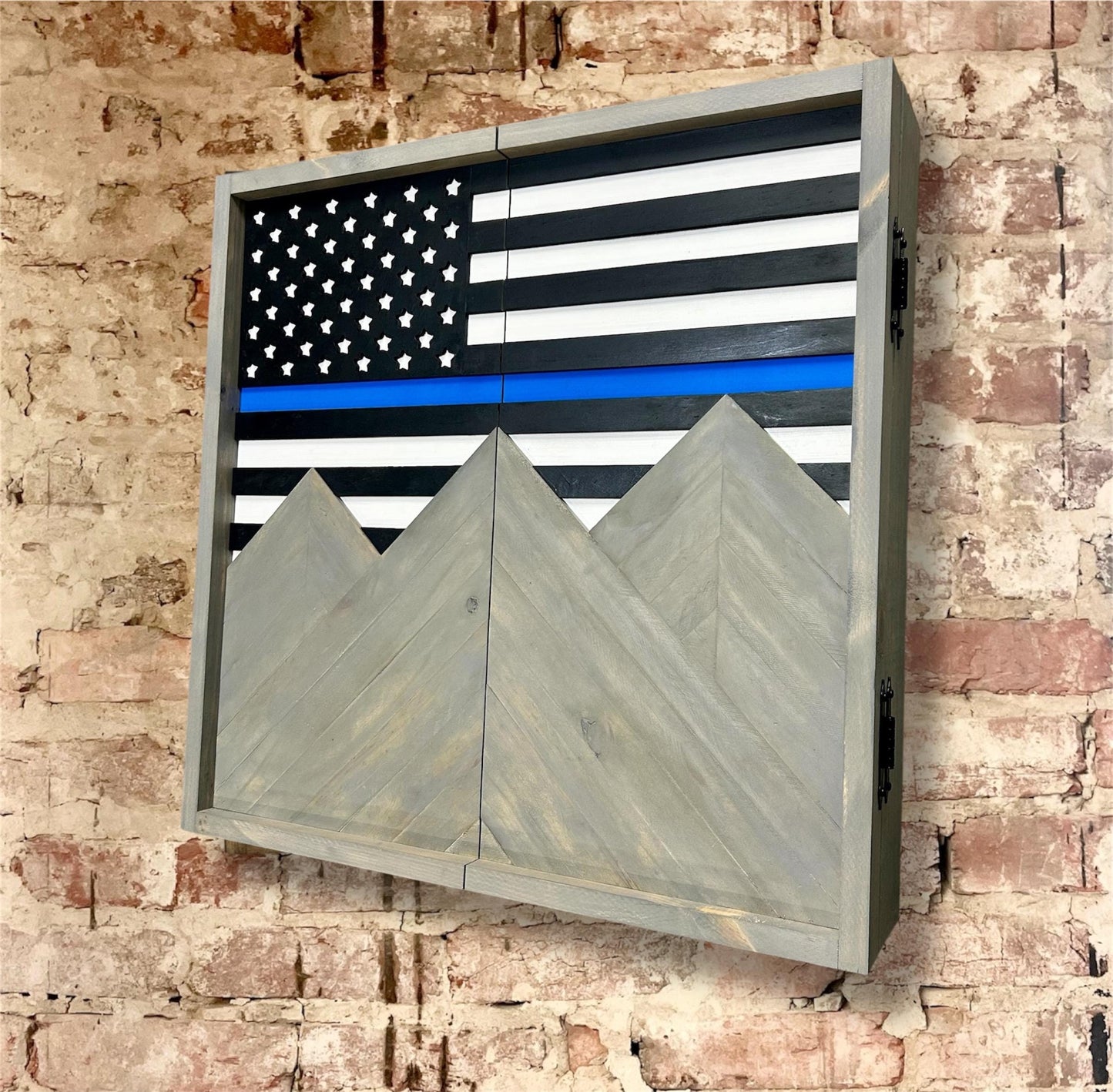 Rustic Dartboard Cabinet - Rustic Thin Blue Line - Rustic Cabinet - 24”x24” - Game Room / Man Cave Art - Wall Decor