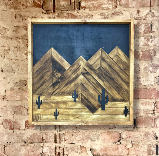 Rustic Dartboard Cabinet- Desert Mountain Artwork Design- Colorado Artwork- 24”x24” - Rustic Cabinet - Game Room / Man Cave Art - Wall Decor