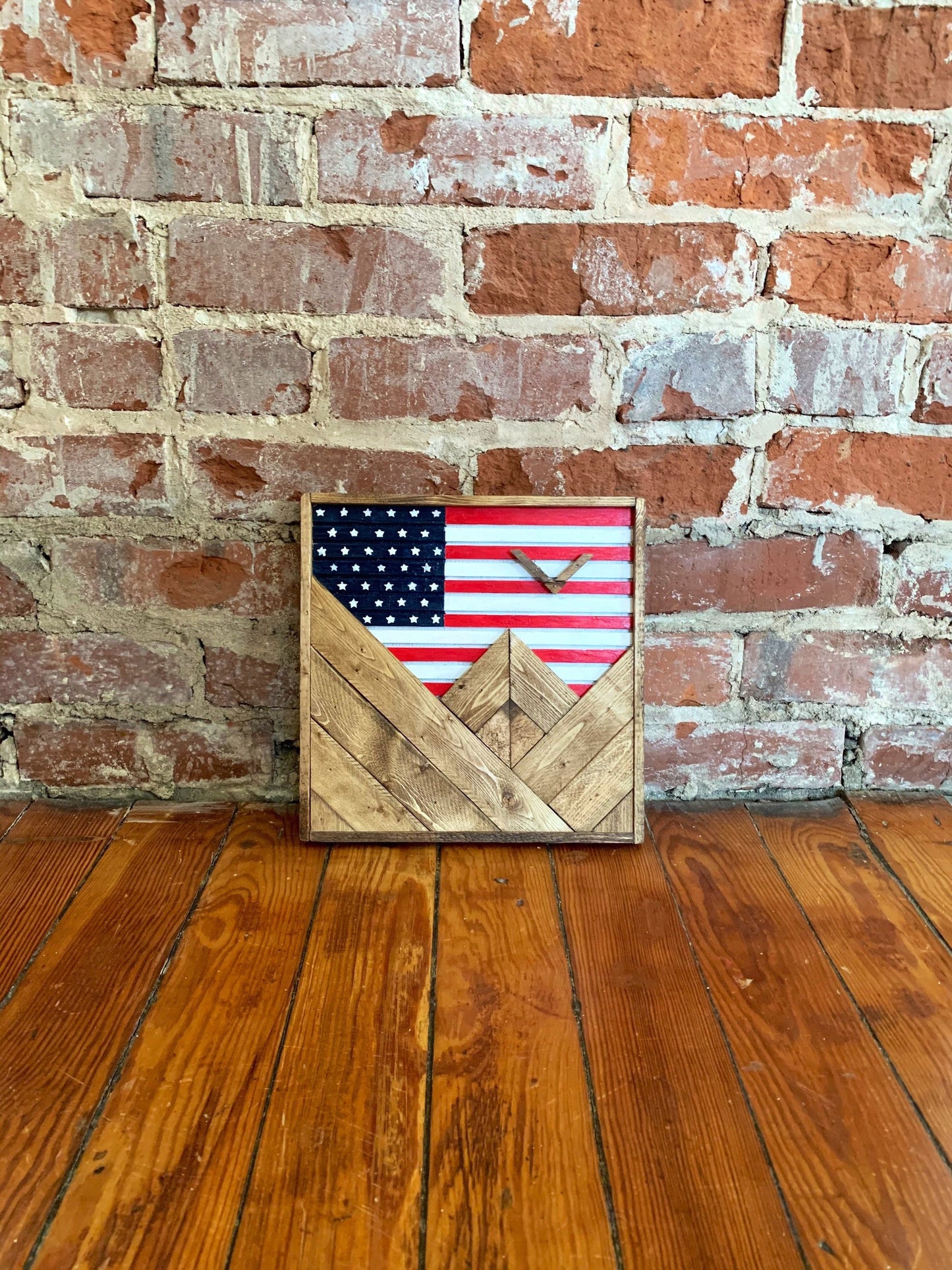 American Flag - Rustic Mountain Wood Wall Art - 12”x12"- Wall Decor