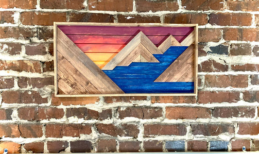 Rustic Dark Blue Water & Sunset - Rustic Mountain Art- 12" X 24"- Wall Decor - Rustic Lake Decor - Rustic Mountain Decor- Rustic River Decor