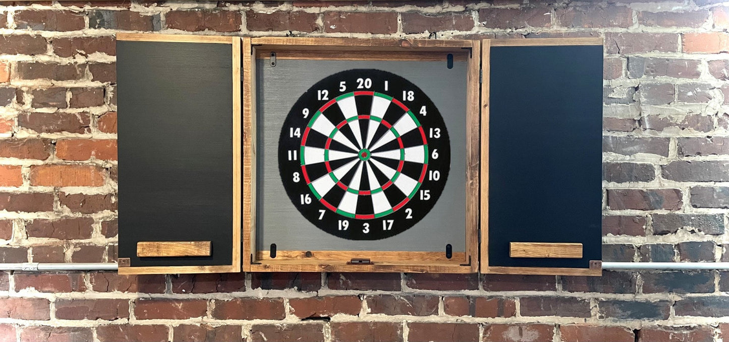 Rustic Electronic Dartboard Cabinet - Rustic Blue Sky w/ Trees Mountain Art  33”x26” - Rustic Cabinet - Game Room / Man Cave Art -Wall Decor