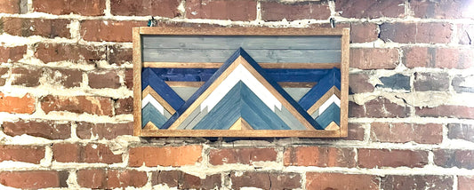 Rustic Wood Art- Wall Decor- Navy Mountain Scheme- 12" X 24" - Rustic Mountain Tops - Mountain Wood wall art - Handmade Wood Wall Art