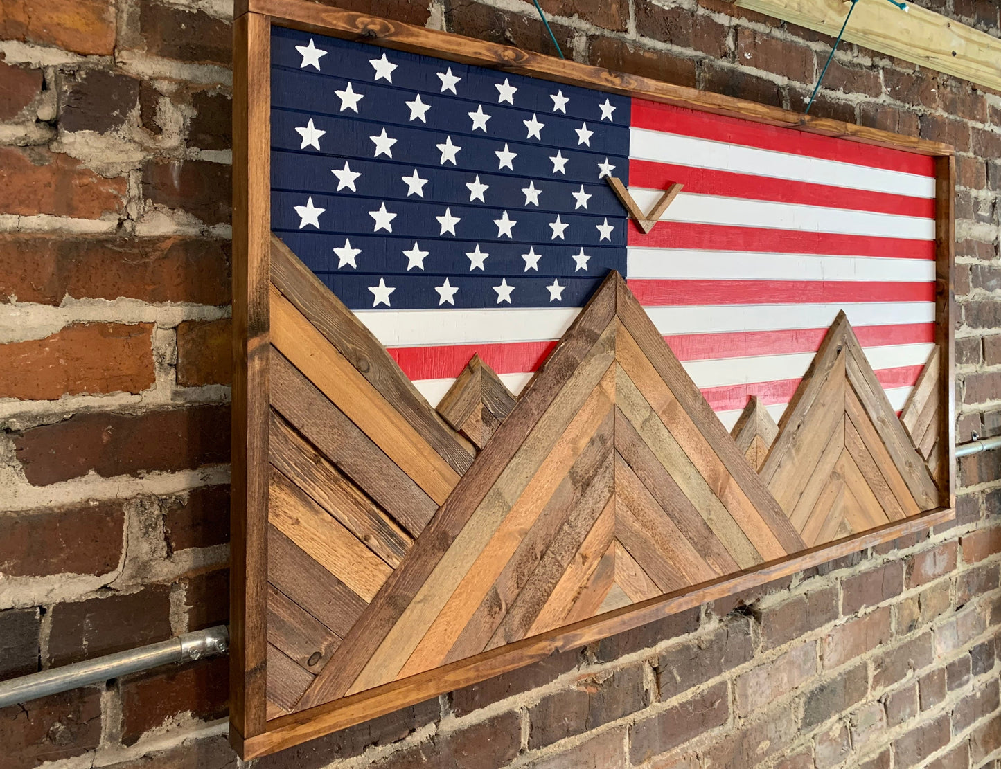 Rustic American Flag Mountain Wood Wall Art - Wall Decor - Rustic Flag Decor- Rustic Wall Art