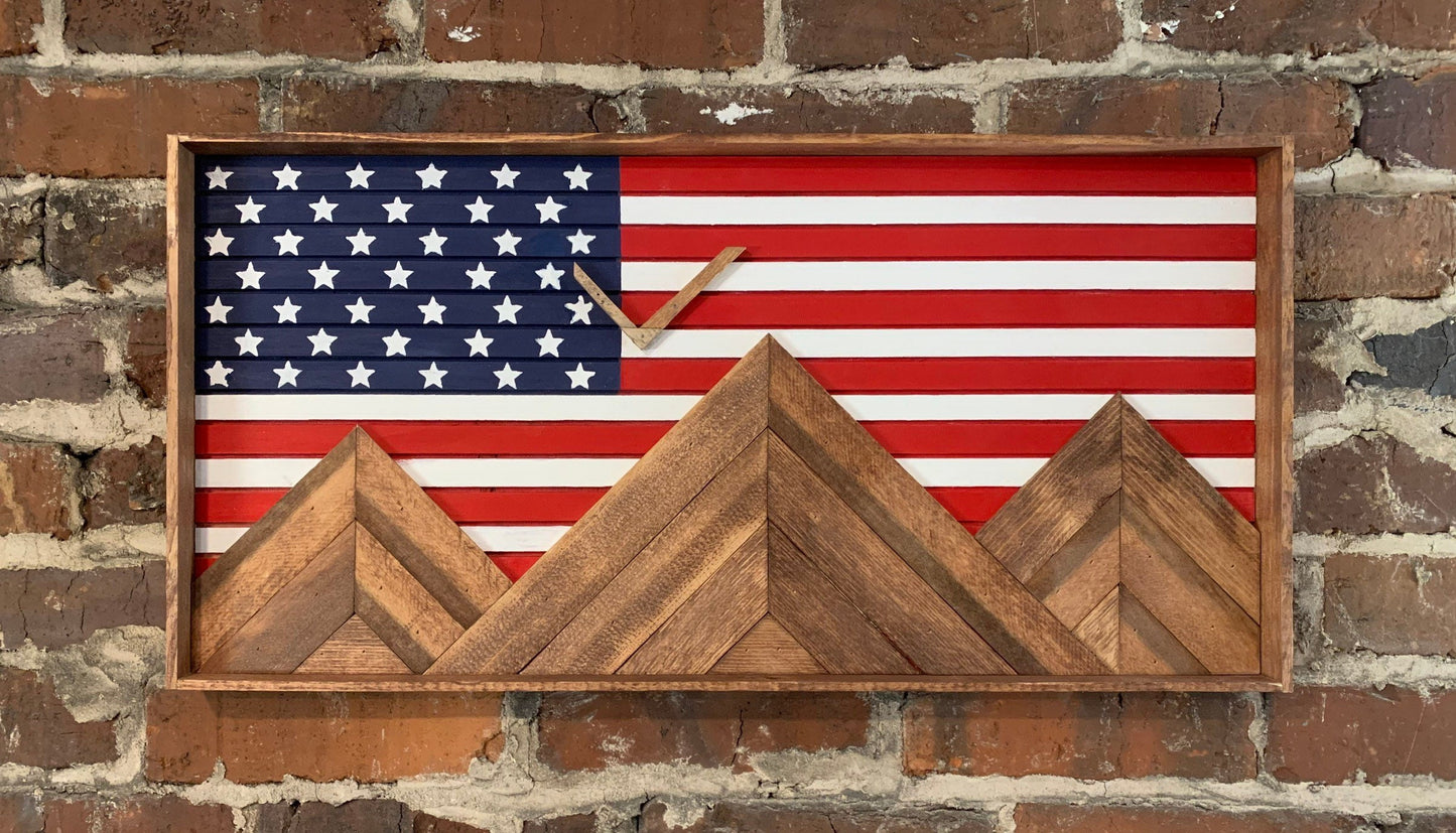 Rustic American Flag Mountain Wood Wall Art - Wall Decor - Rustic Flag Decor- Rustic Wall Art