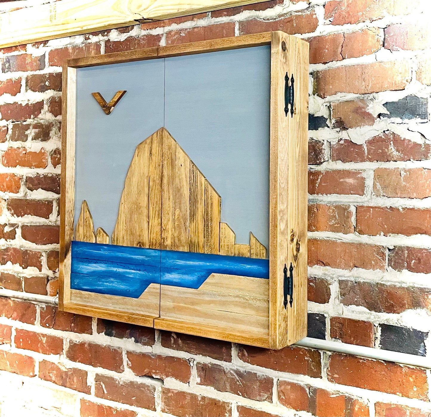 Rustic Dartboard Cabinet 24”x24” - Oregon Scene -Haystack Rock Artwork- Front-Rustic Cabinet - Gameroom Art - Wall Decor