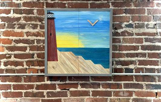 Rustic Dartboard Cabinet 24”x24” - Rustic Lighthouse Front - Rustic Cabinet - Gameroom Art - Wall Decor- Ponce Inlet Lighthouse