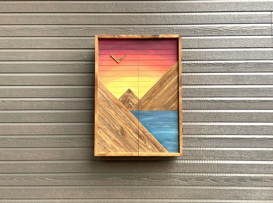 Rustic Mountain Cabinet 30”x24” or 30"x20" Sunset Mountain Art - Bathroom Art - Medicine Cabinet- Liquor Cabinet - Rustic Cabinet