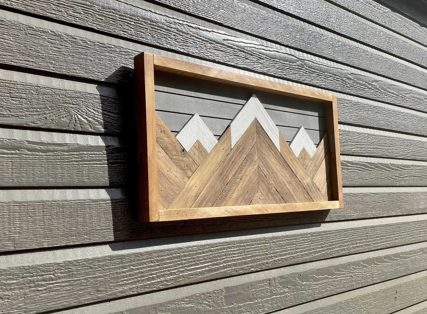 Rustic Wood Art- Wall Decor- Gray Background - 12" X 24" - Rustic Mountain Tops - Mountain Wood wall art - Handmade Wood Wall Art