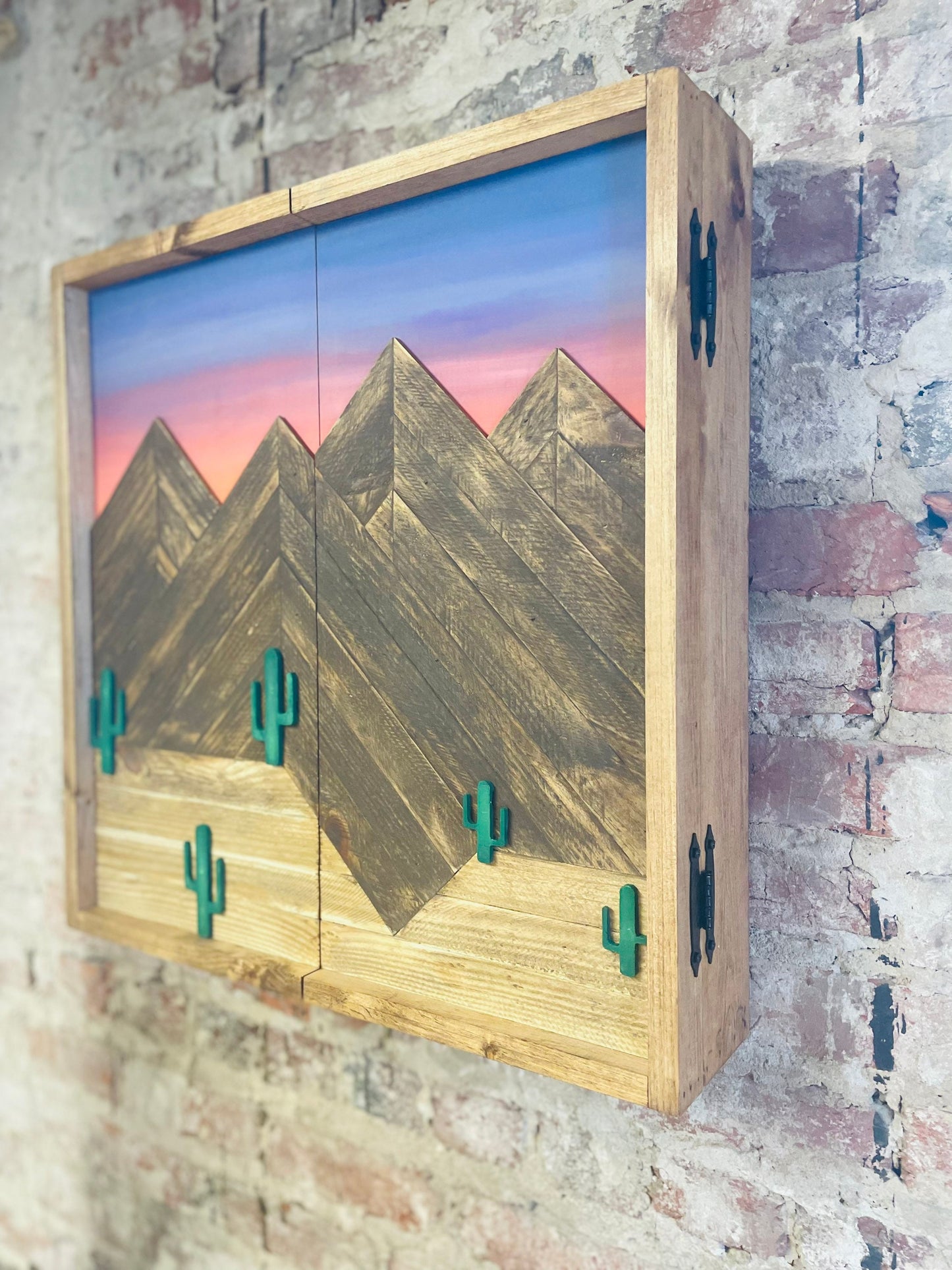 Rustic Dartboard Cabinet- Painted Desert Mountain Design- Arizona Artwork- 24”x24” - Rustic Cabinet - Game Room / Man Cave Art - Wall Decor