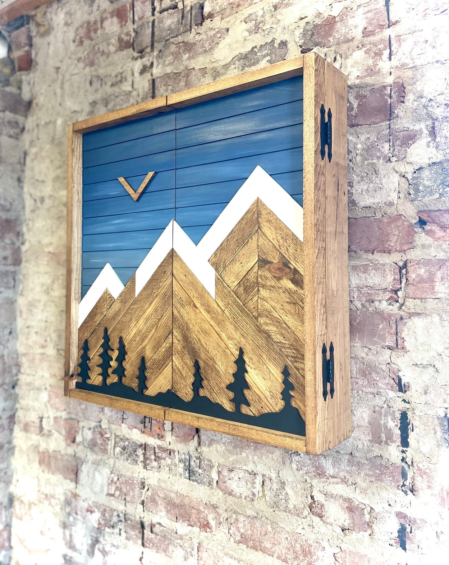 Rustic Dartboard Cabinet - Rustic Blue Sky w/ Trees Mountain Art  26”x26” - Rustic Cabinet - Game Room / Man Cave Art - Wall Decor - Cabinet