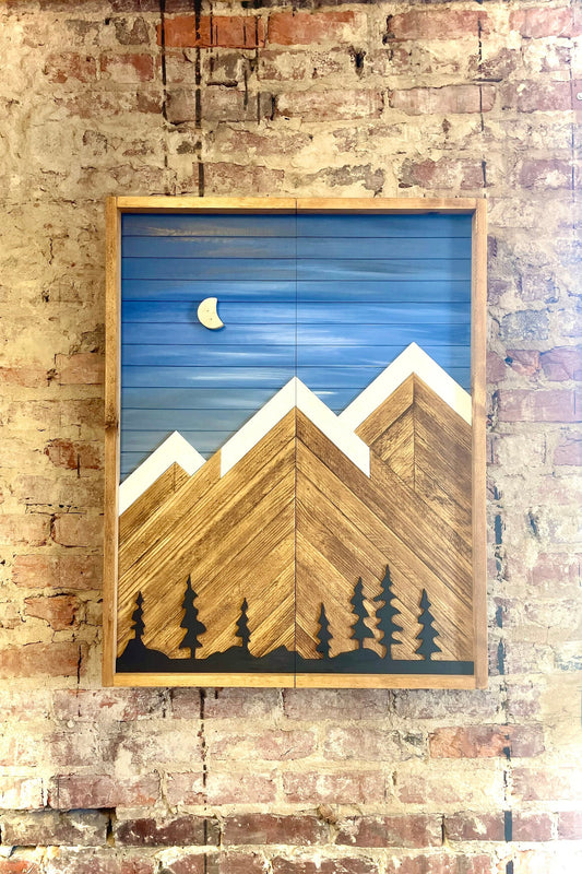 Rustic Electronic Dartboard Cabinet - Rustic Blue Sky w/ Trees Mountain Art  33”x26” - Rustic Cabinet - Game Room / Man Cave Art -Wall Decor