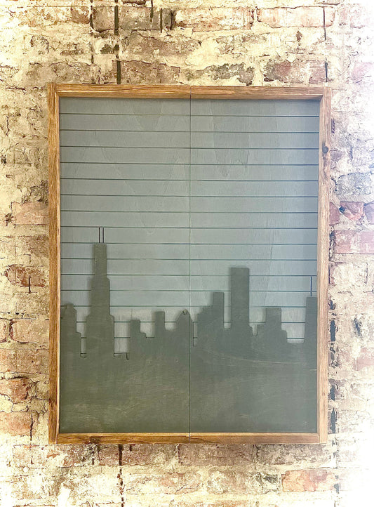 Rustic Gray City Skyline Electronic Dartboard Cabinet - Cityscape- 33”x26” - -Rustic Cabinet - Game Room / Man Cave Art