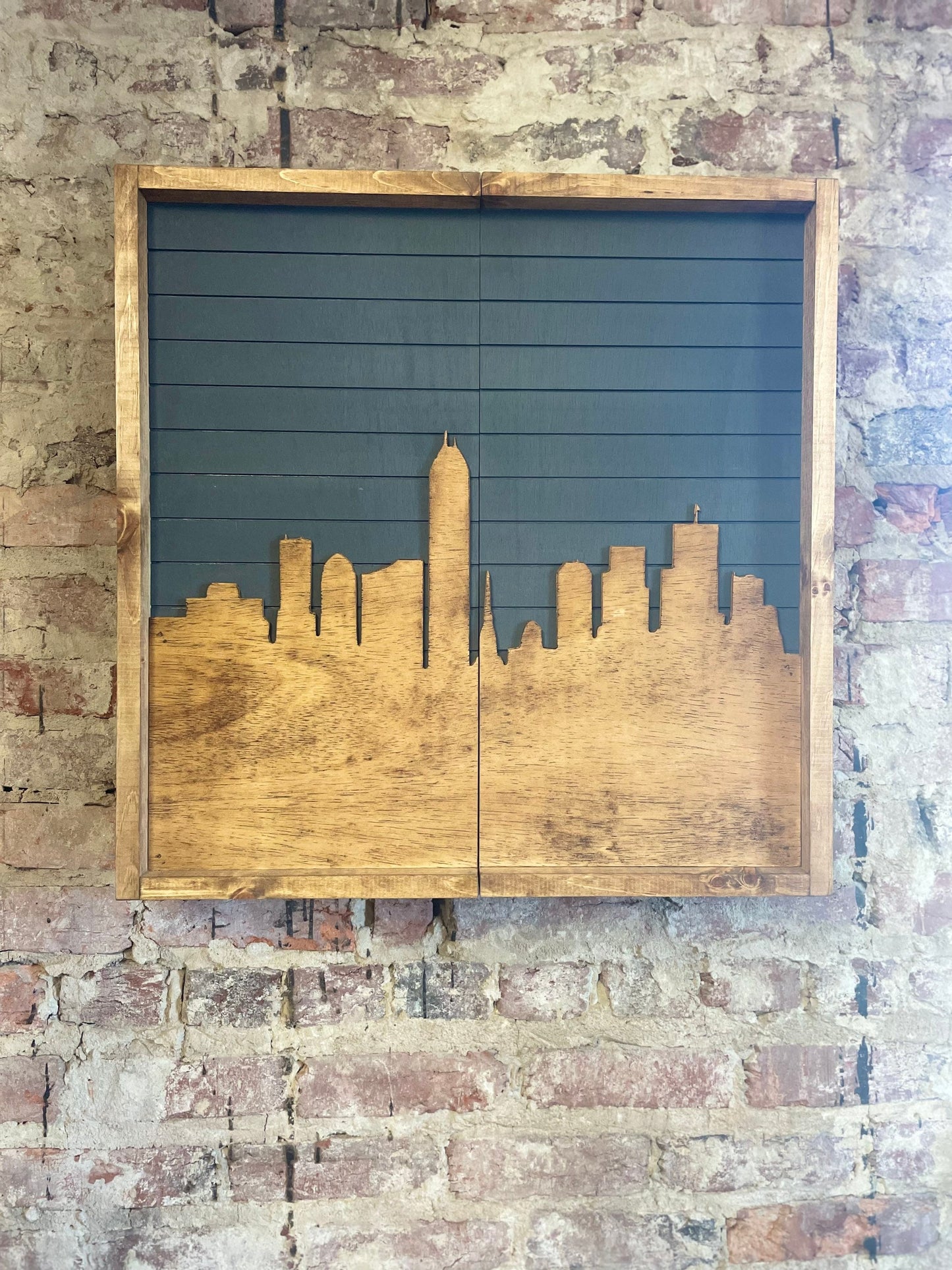 Rustic Gray City Skyline Electronic Dartboard Cabinet - Cityscape-  33”x26” - -Rustic Cabinet - Game Room / Man Cave Art