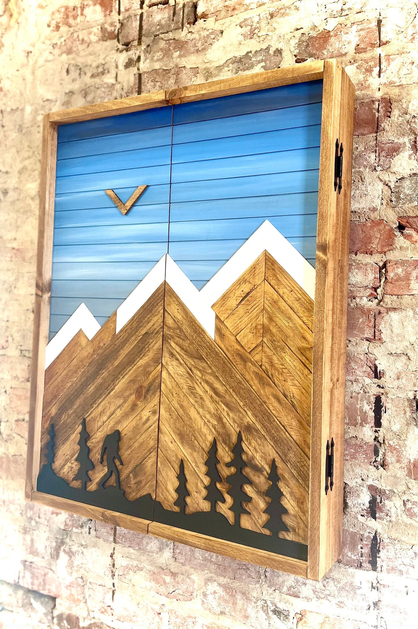 Electronic Dartboard Cabinet - Rustic Blue Sky w/ Trees and Bigfoot Mountain Art 33”x26”-Rustic Cabinet -Game Room/Man Cave Art Home Decor